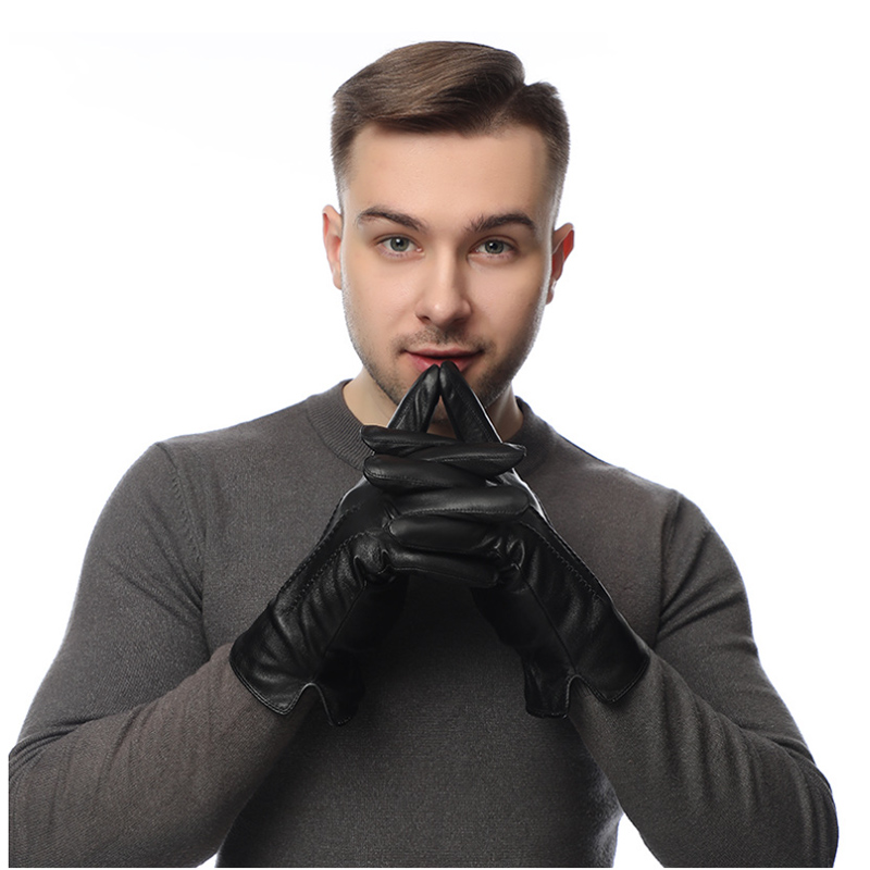 Wool Glove Lined - ฤดูหนาวถุงมือหนังหนังแกะแท้ผู้ชายขนสัตว์เรียงราย Full Finger Touchscreen ขี่จักรยานกลางแจ้งขับรถถุงมือรถจักรยานยนต์